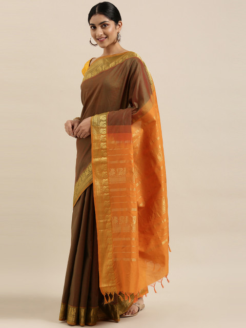 

The Chennai Silks Classicate Green & Brown Silk Cotton Maheshwari Saree