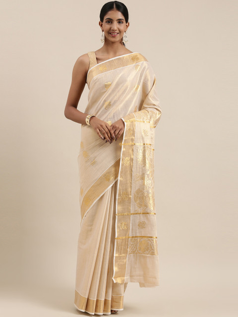 

The Chennai Silks Gold-Toned & Off White Ethnic Motifs Zari Pure Cotton Kasavu Saree