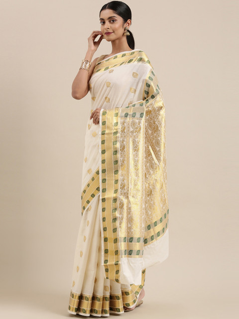

The Chennai Silks Off White & Gold-Toned Ethnic Motifs Zari Pure Cotton Kasavu Saree