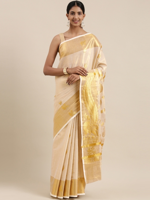 

The Chennai Silks Classicate Off White & Golden Woven Design Zari Pure Cotton Kasavu Saree