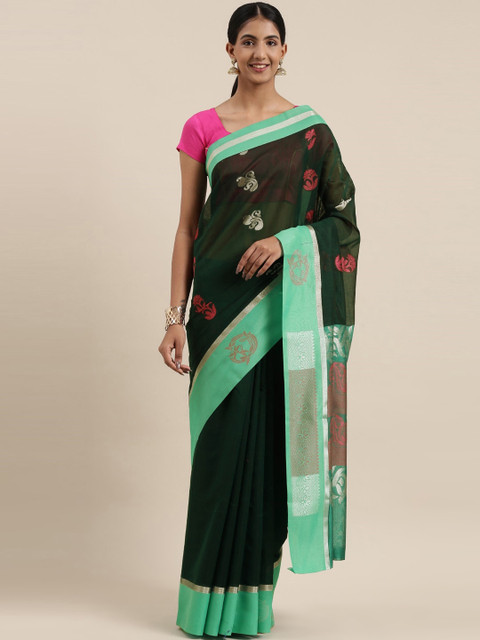 

The Chennai Silks Classicate Green & Orange Ethnic Motifs Silk Cotton Maheshwari Saree