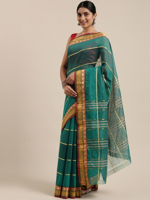 

The Chennai Silks Teal Green & Gold-Toned Striped Pure Cotton Saree