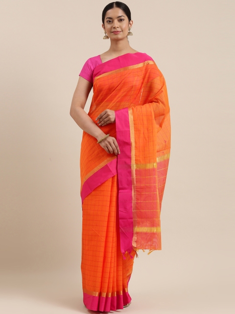 

The Chennai Silks Orange & Pink Checked Zari Silk Cotton Maheshwari Saree