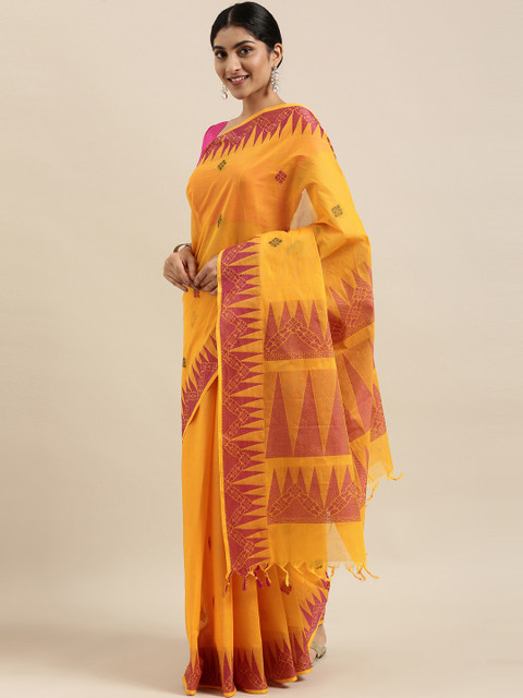 

The Chennai Silks Mustard Yellow Ethnic Motifs Silk Cotton Maheshwari Saree
