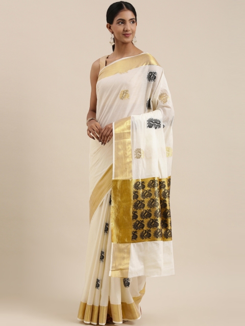 

The Chennai Silks Classicate Off White & Golden Woven Design Zari Pure Cotton Kasavu Saree