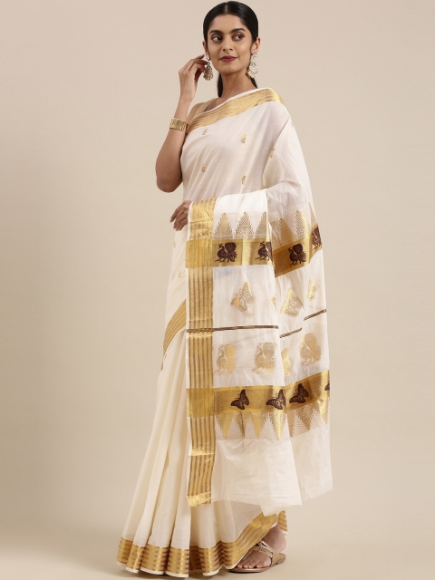 

The Chennai Silks Off White & Gold-Toned Ethnic Motifs Zari Pure Cotton Kasavu Saree