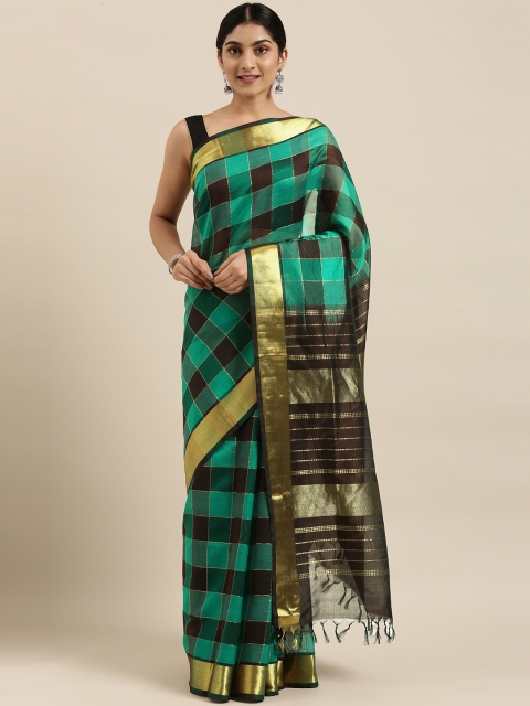 

The Chennai Silks Classicate Teal Green & Black Checked Zari Silk Cotton Maheshwari Saree