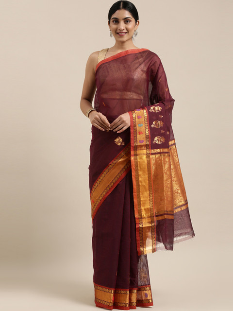 

The Chennai Silks Classicate Brown & Golden Woven Design Zari Pure Cotton Venkatgiri Saree