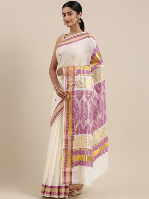 

The Chennai Silks Classicate Off White & Purple Woven Design Zari Pure Cotton Kasavu Saree