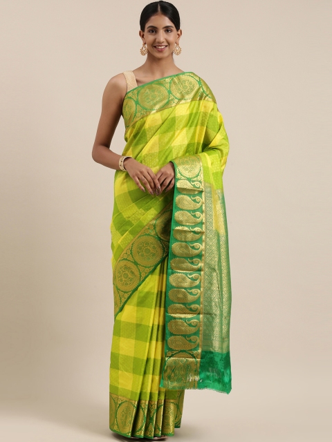 

The Chennai Silks Classicate Green & Yellow Checked Zari Pure Silk Kanjeevaram Saree