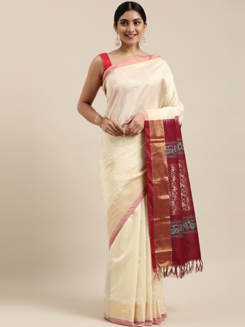 

The Chennai Silks Classicate Off White & Silver-Toned Zari Silk Cotton Maheshwari Saree