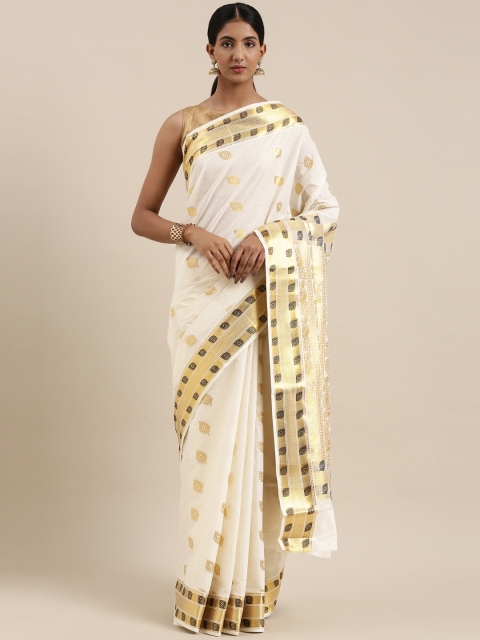 

The Chennai Silks Classicate Off White & Golden Woven Design Zari Pure Cotton Kasavu Saree