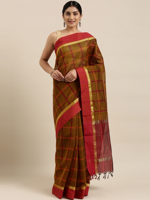 

The Chennai Silks Classicate Mustard Brown & Red Checked Zari Silk Cotton Maheshwari Saree