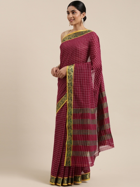 

The Chennai Silks Classicate Burgundy & White Checked Pure Cotton Saree