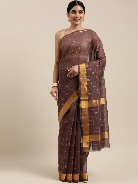 

The Chennai Silks Classicate Coffee Brown & Pink Checked Zari Pure Cotton Venkatgiri Saree