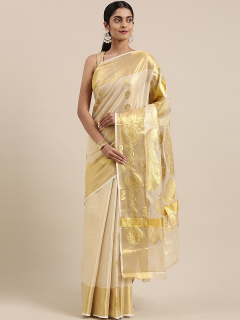 

The Chennai Silks Classicate Beige & Gold-Toned Zari Pure Cotton Kasavu Saree