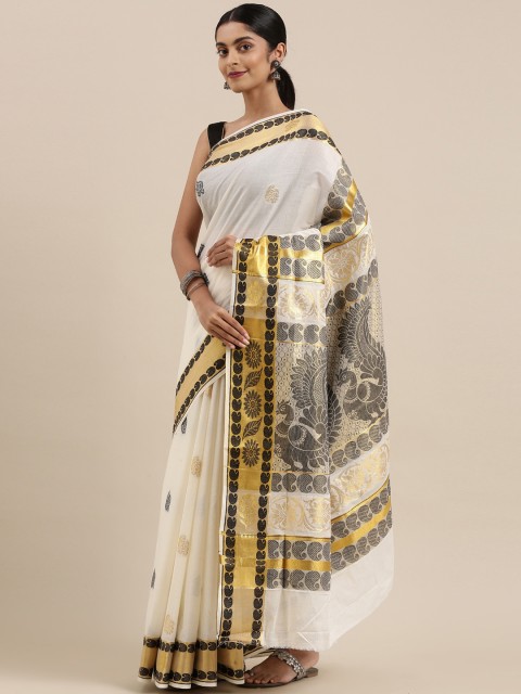 

The Chennai Silks Off White & Gold-Toned Ethnic Motifs Zari Pure Cotton Kasavu Saree