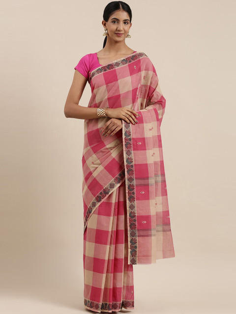 

The Chennai Silks Classicate Pink & Beige Checked Pure Cotton Chettinad Saree