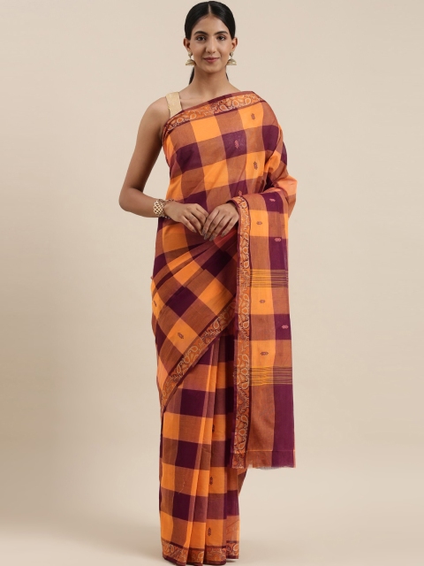 

The Chennai Silks Classicate Orange & Purple Checked Pure Cotton Chettinad Saree