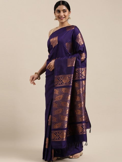 

The Chennai Silks Navy Blue & Bronze-Toned Ethnic Motifs Zari Art Silk Saree