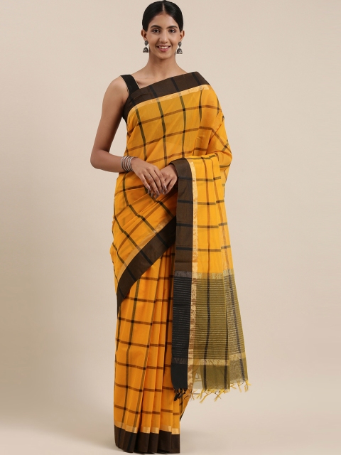 

The Chennai Silks Classicate Yellow & Brown Checked Silk Cotton Maheshwari Saree