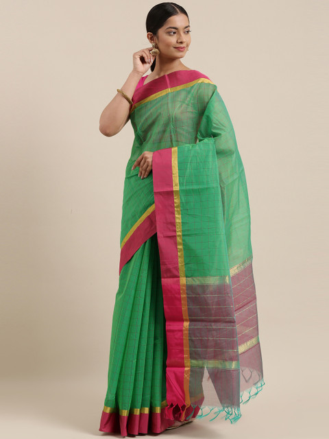 

The Chennai Silks Green & Pink Checked Silk Cotton Maheshwari Saree