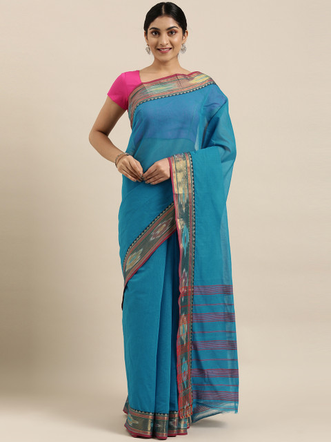 

The Chennai Silks Classicate Teal Blue Banahatti Pure Cotton Saree