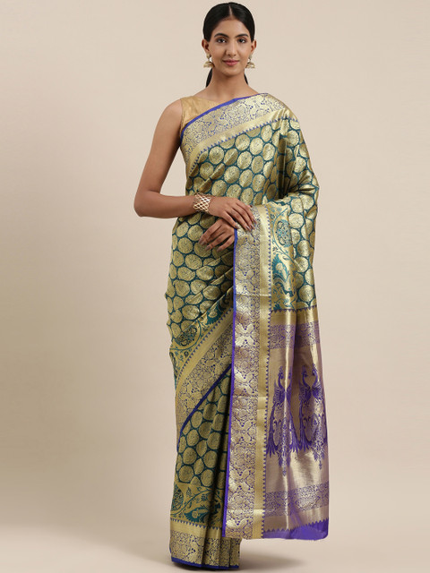 

The Chennai Silks Classicate Teal Green & Golden Ethnic Motifs Zari Art Silk Saree