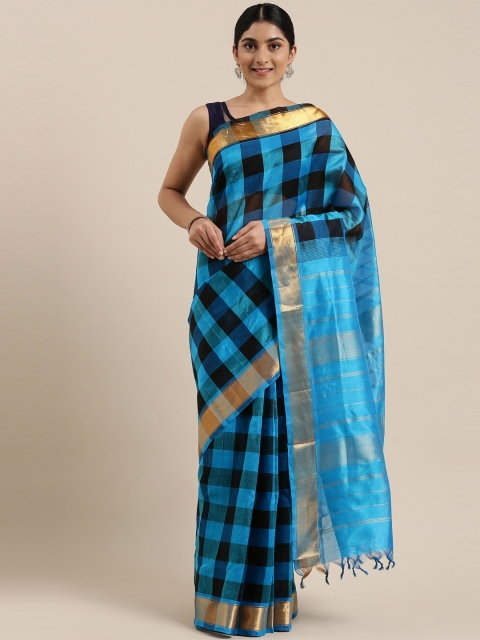 

The Chennai Silks Classicate Blue & Black Checked Silk Cotton Maheshwari Saree