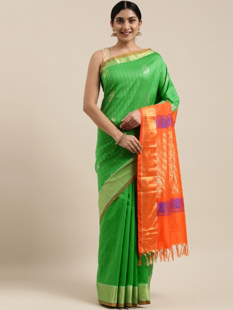 

The Chennai Silks Classicate Green & Silver-Toned Zari Silk Cotton Maheshwari Saree