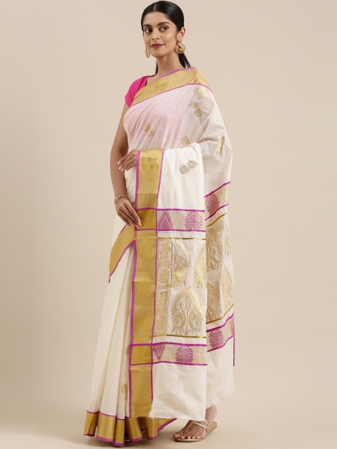 

The Chennai Silks Classicate Off White & Golden Woven Design Zari Pure Cotton Kasavu Saree