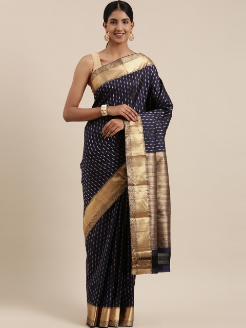 

The Chennai Silks Navy Blue & Gold-Toned Floral Zari Pure Silk Kanjeevaram Saree