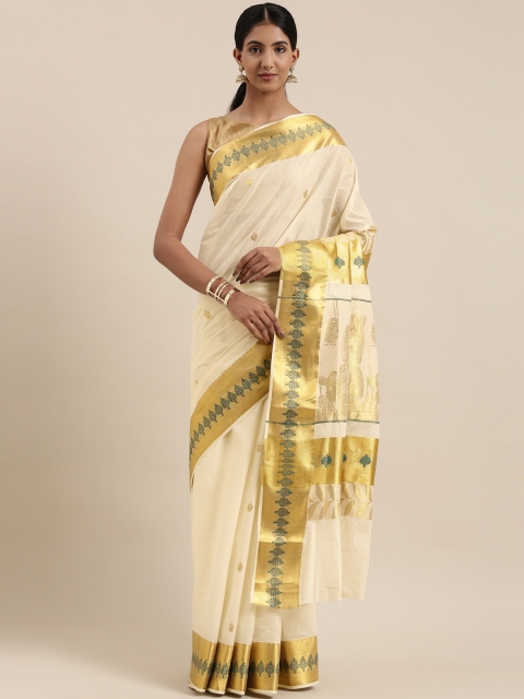 

The Chennai Silks Classicate Off White & Golden Woven Design Zari Pure Cotton Kasavu Saree