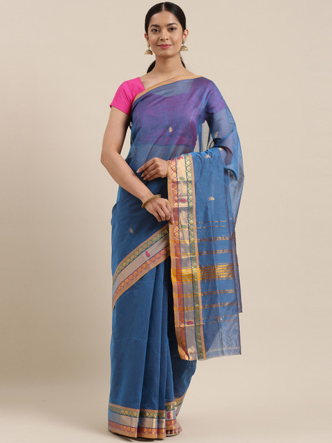 

The Chennai Silks Classicate Blue & Golden Woven Design Zari Pure Cotton Venkatgiri Saree