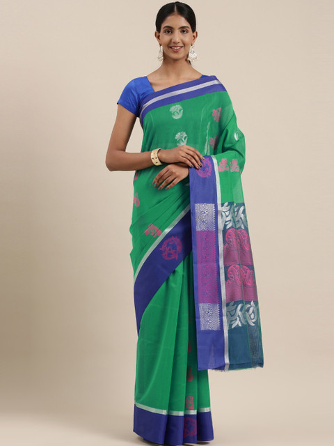 

The Chennai Silks Classicate Green & Silver-Coloured Silk Cotton Maheshwari Saree