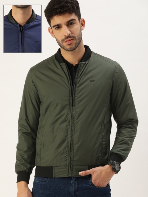 

PETER ENGLAND UNIVERSITY Men Olive Green & Navy Blue Reversible Bomber Jacket