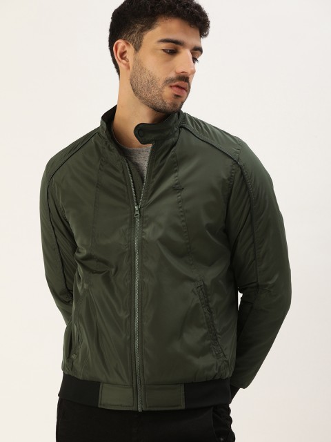 

PETER ENGLAND UNIVERSITY Men Olive Green Solid Bomber Jacket