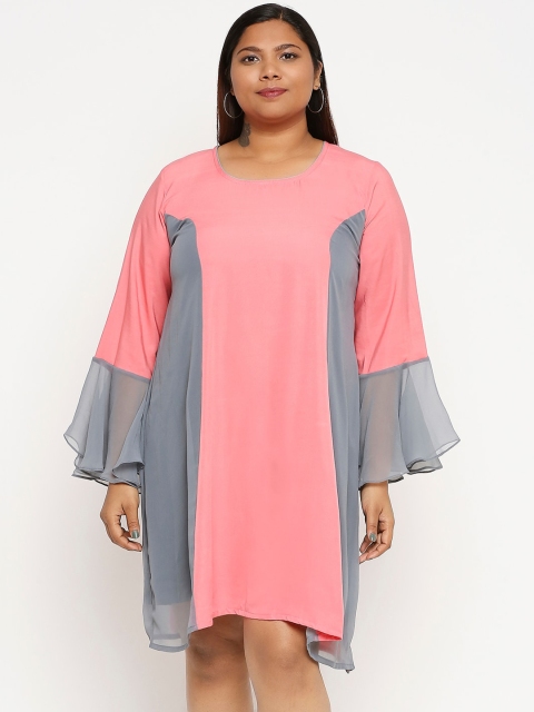 

XXLLENT Women Peach And Grey Colourblocked Bell Sleeve Georgette A-Line Dress