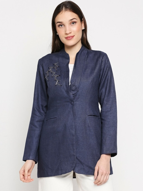

Orbbaan Women Navy Blue Embellished Sustainable Linen Blazer