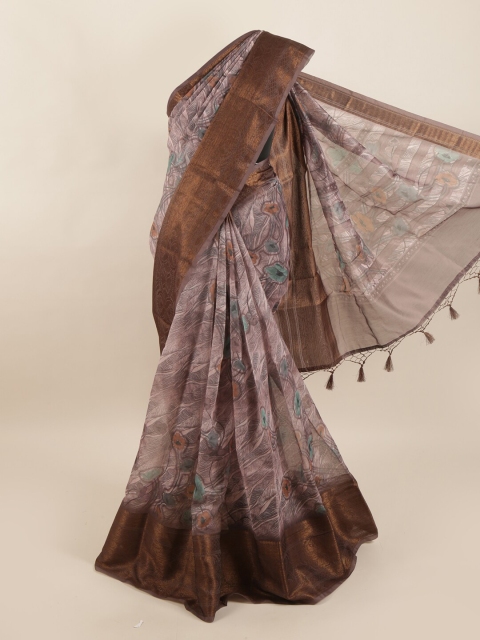 

Pothys Pink & Brown Floral Printed Pure Silk Dabu Saree
