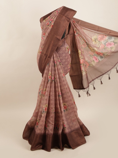 

Pothys Pink & Brown Floral Pure Silk Dabu Saree
