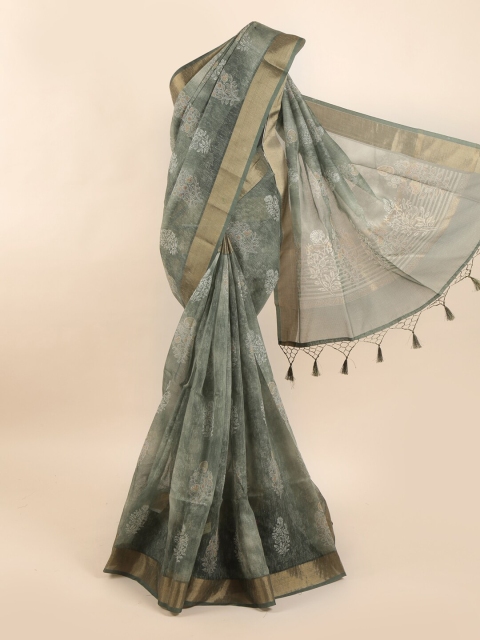 

Pothys Green & Beige Floral Zari Pure Silk Dabu Saree