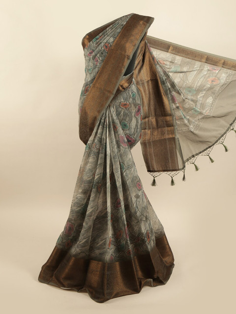 

Pothys Grey & Pink Printed Pure Silk Dabu Saree