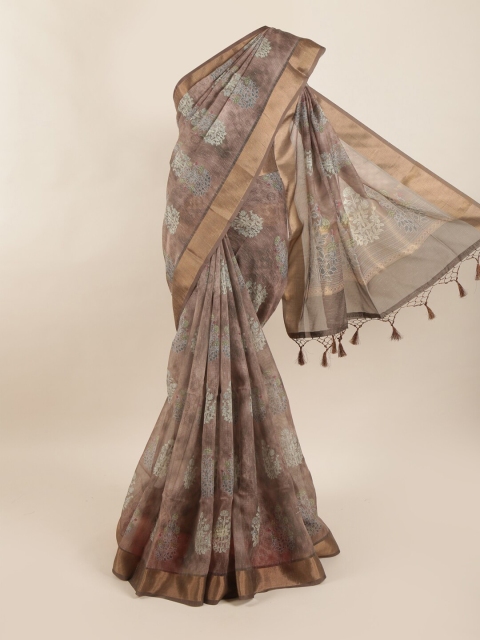 

Pothys Tan & Gold-Toned Floral Zari Pure Silk Dabu Saree