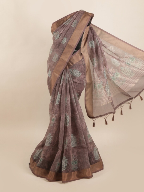 

Pothys Pink & Gold-Toned Floral Printed Pure Silk Dabu Saree