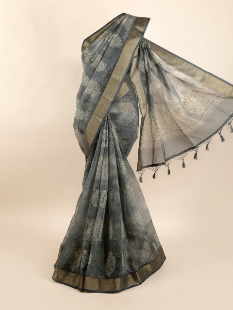 

Pothys Grey & Gold-Toned Printed Zari Pure Silk Dabu Saree