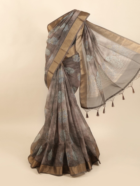 

Pothys Tan & Gold-Coloured Floral Printed Pure Silk Dabu Saree
