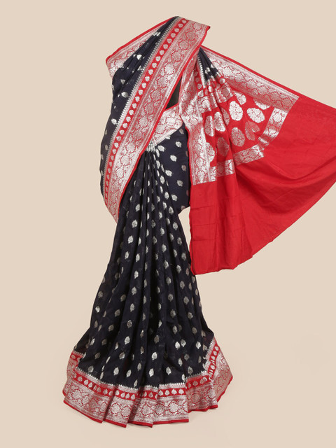 

Pothys Navy Blue & Red Ethnic Motifs Pure Georgette Saree