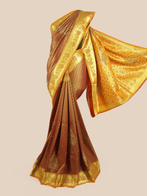 

Pothys Maroon & Yellow Ethnic Motifs Beads and Stones Pure Silk Heavy Work Saree