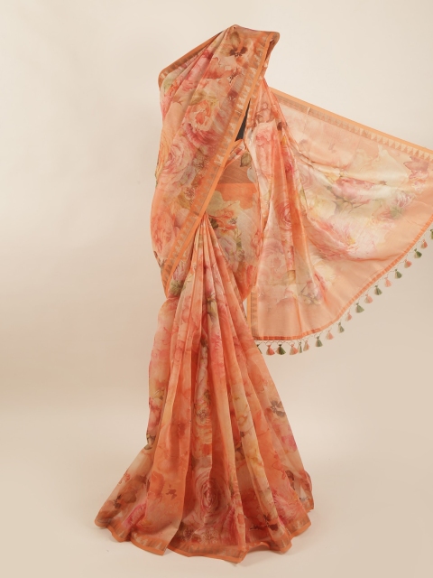 

Pothys Peach-Coloured & Green Floral Zari Pure Silk Saree